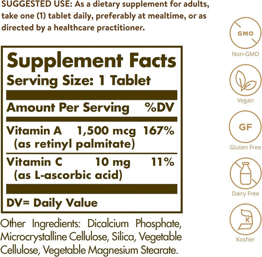 Solgar Dry Vitamin A 1500 mcg (5000 IU), 100 Tablets - Supports Health