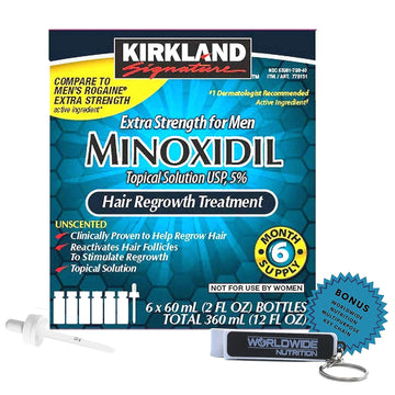 6 Months Kirkland Minoxidil 5% Extra Strength - Hair Regrowth Treatment for Men - 2   (Pack of 6) - with Worldwide Nutrition Bonus Key Chain