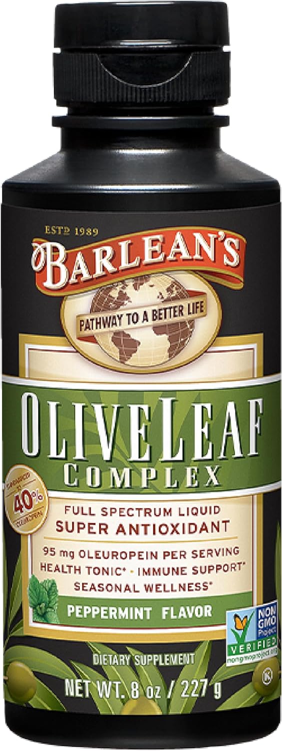 Barlean's Peppermint Olive Leaf Complex Liq Immune Support Supplement with 95mg Oleuropein Antioxidants for Seasonal Wellness, Heart Health, & Immune System Booster, 8