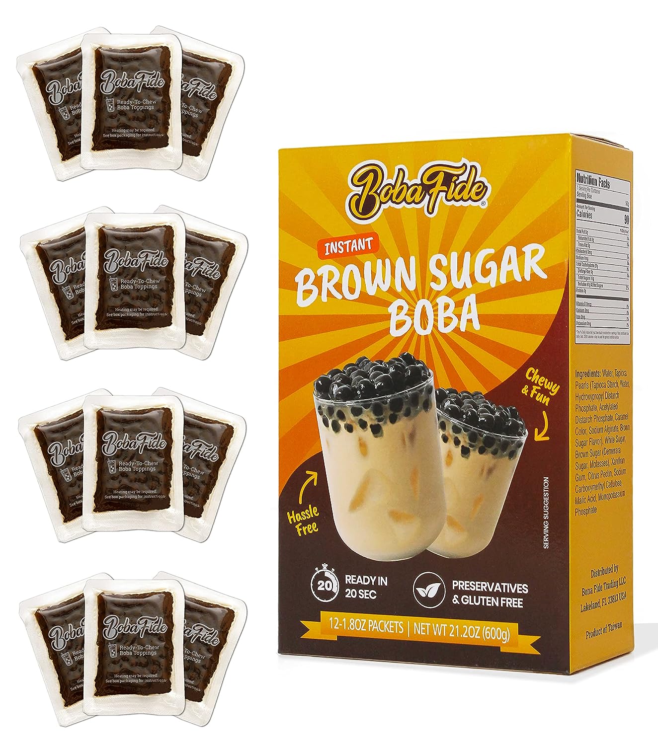BOBA FIDE Instant Brown Sugar Boba Tapioca Pearls, 12 Packets of Microwavable Black Tapioca Pearls for Boba Bubble Milk Tea Kit, Ready in 25 Seconds, No Corn Syrup, Preservatives & Gluten Free, Vegan