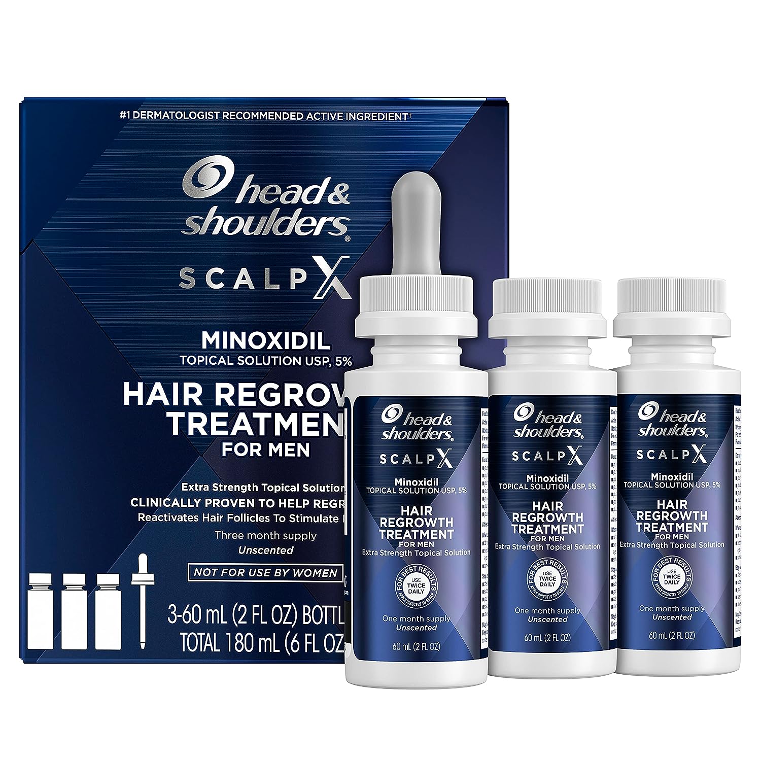 Head & Shoulders Scalp X 5% Minoxidil for Men, Hair Regrowth Treatment for Thinning Hair and Hair Loss, Topical Solution, 3 Month Supply, 2   Each, Pack of 3