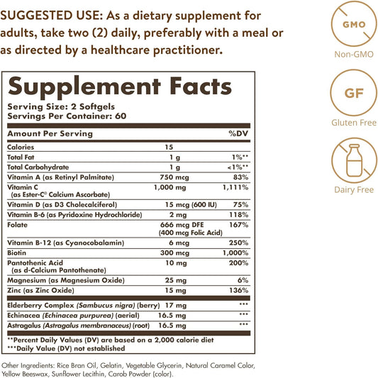 Solgar Ester-C Plus Immune Complex -120 Softgels, 24-Hour Immune Support, Supports Upper Respiratory Health - Plus D3, Zinc, Elderberry & Echinacea - Non-GMO, Gluten Free, Dairy Free - 60 Servings