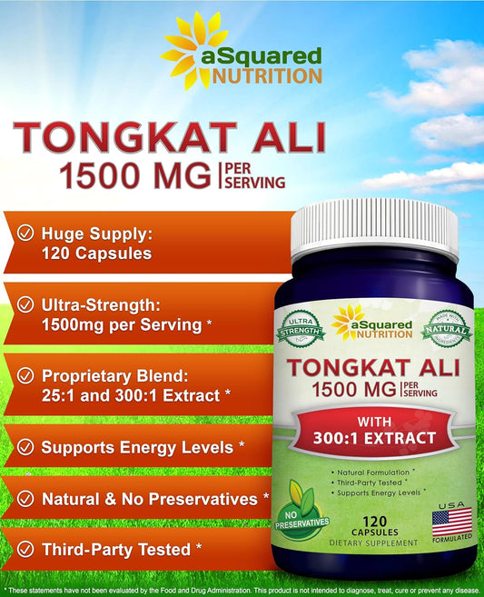 aSquared Nutrition Tongkat Ali 1500mg - 120 Capsules - Longjack (Eurycoma Longifolia) Extract Supplement & Long Jack Roo
