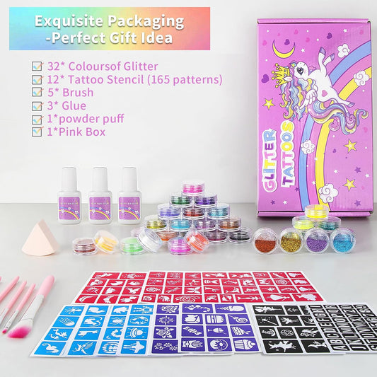 Temporary Glitter Tattoos Kit for Kids,32 Glitter Colors,165 Stencils,3 Glue,5 Brushes,1 Powder Puff,Adults & Kids Arts Glitter Make Up Kit,Holiday Gifts for Girls & Boys