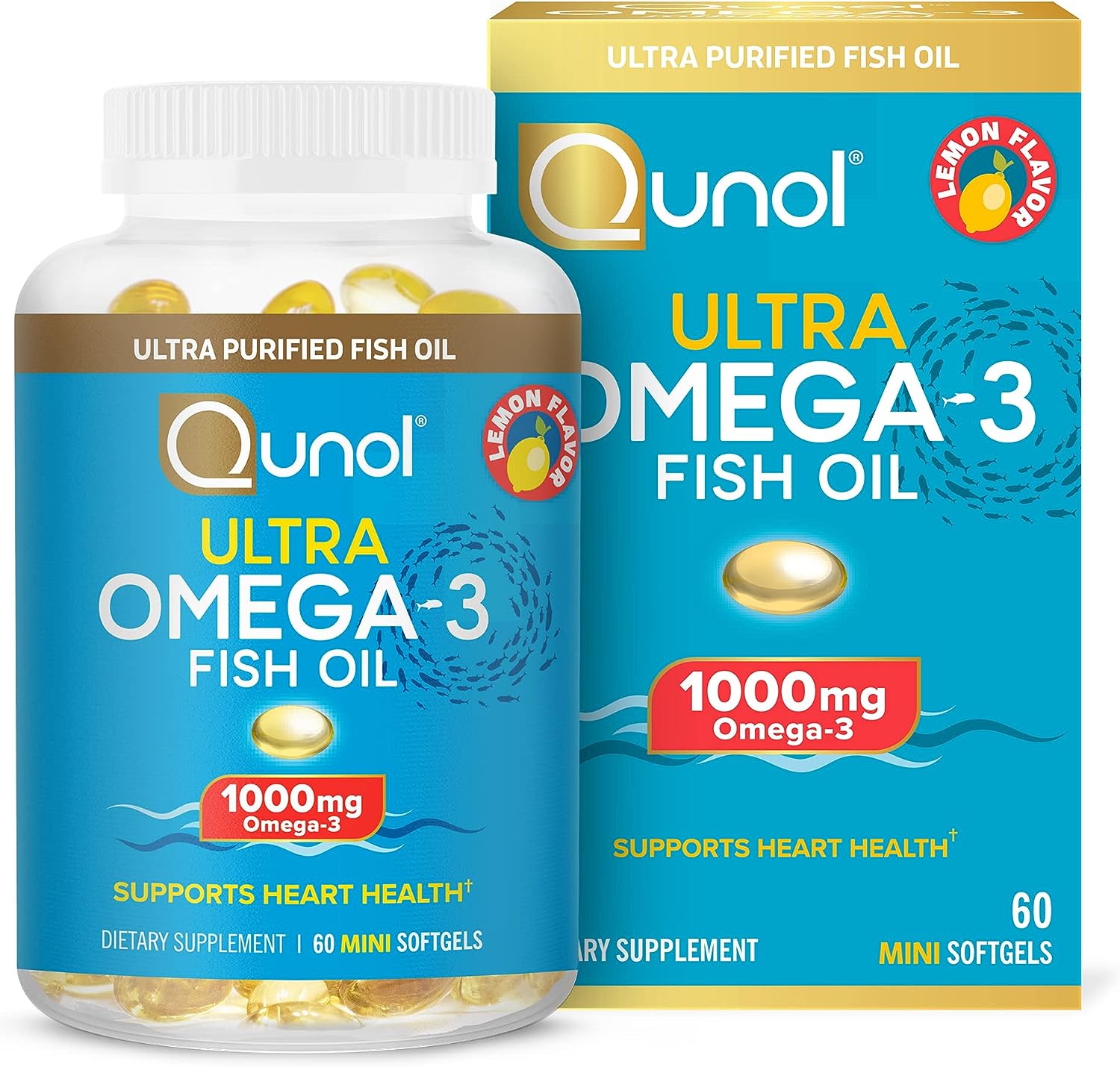 Qunol Omega 3 Fish Oil Mini Softgels, 1000mg Omega 3 EPA + DHA, Ultra Pure Fish Oil Supplements, Heart Health Support, Lemon avor, Easy to Swallow Minis, 1 Month Supply, 60 Count