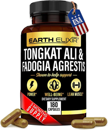 Earth Elixir Fadogia Agrestis 600mg and Tongkat Ali 500mg Supplements (180 Capsules) - Made in USA - 3 Month Supply ? 3r