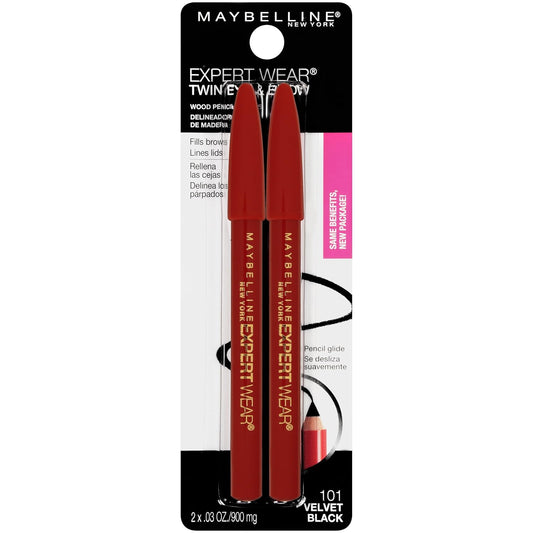 Maybelline New York Makeup Expert Wear Twin Eyebrow Pencils and Eyeliner Pencils, Velvet Black Shade, 2 Count (Pack of 1)