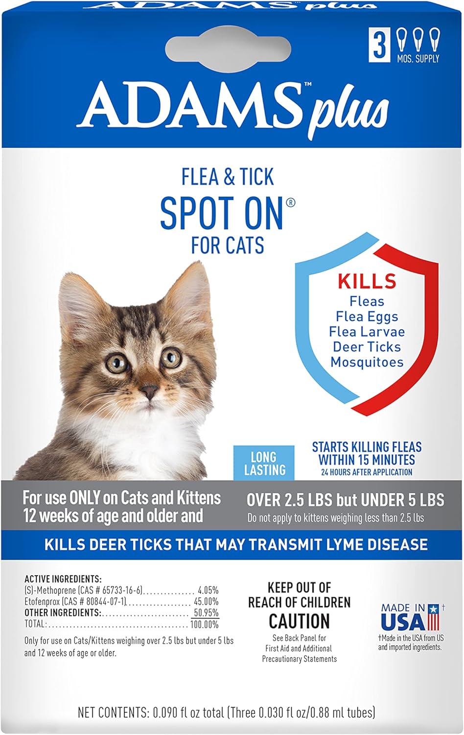 Adams Plus Flea & Tick Spot On for Cats Over 2.5 lbs but Under 5 Pounds 3 Month Supply