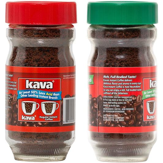 Kava Low Acid Instant Coffee Lover Bundle Set, Glass Jar of Each, Regular & Decaf