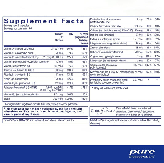 Pure Encapsulations Prenatal Nutrients - For Pregnancy & Lactation - Aids Energy & Dna Development* - With Folate, Choline & Iron - Gluten Free & Non-Gmo - 120 Capsules