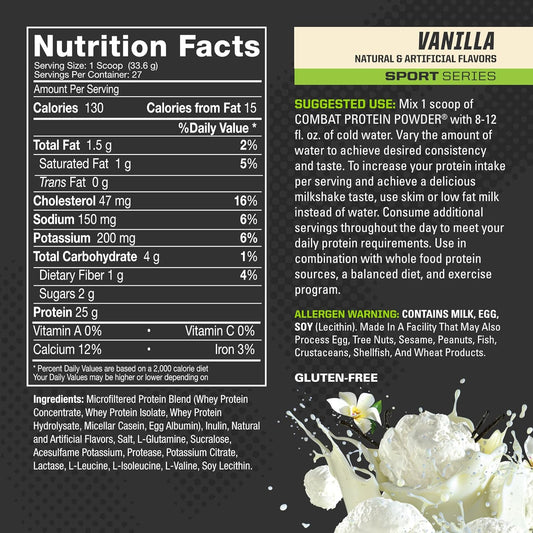 MusclePharm Combat Protein Powder, Vanilla - 2 lb - Gluten Free - 26 S