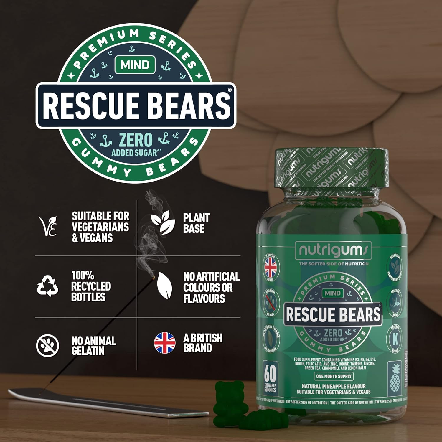 Rescue Bears 60 Vegan Gummies. Daytime Stress & Anxiety Relief with Gl