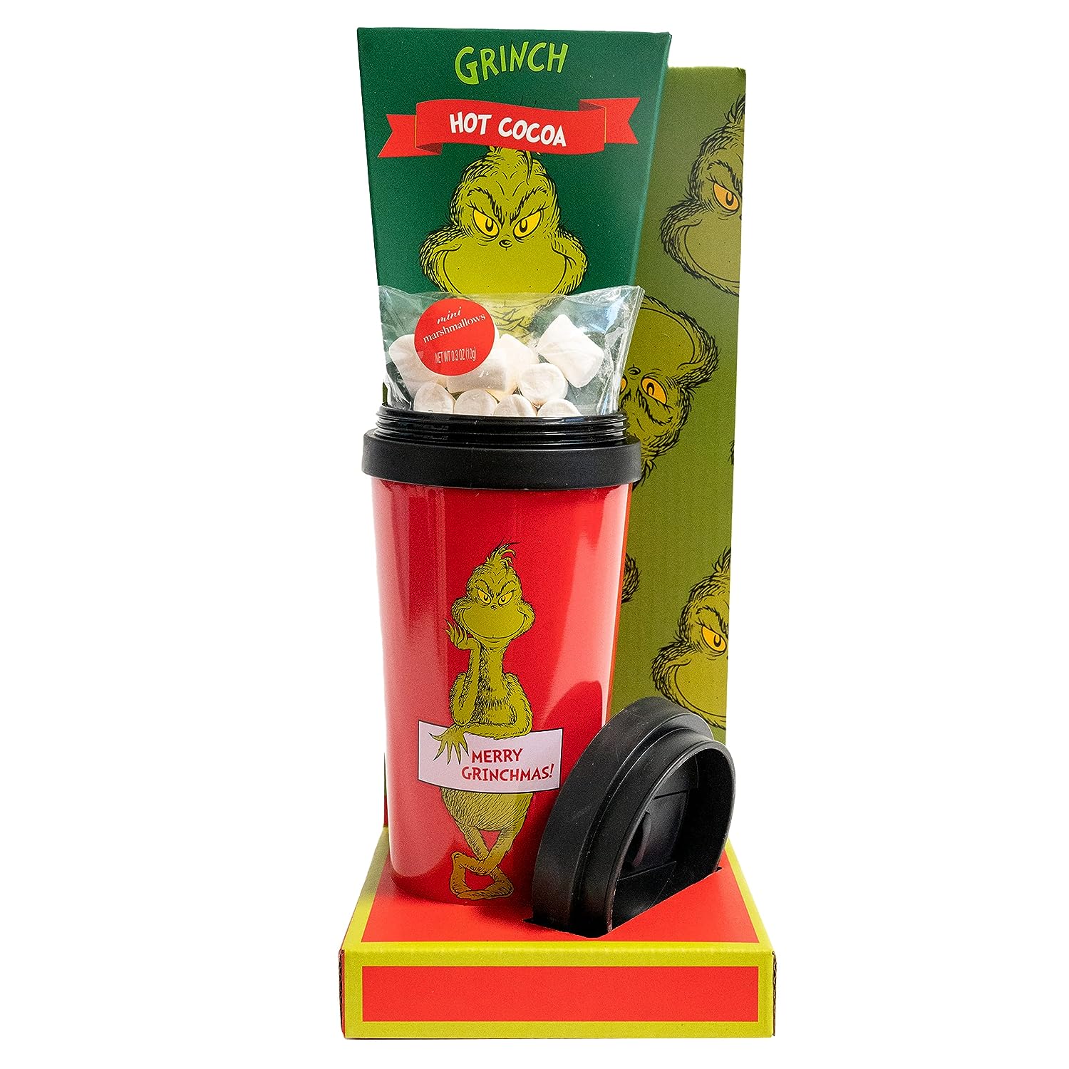 Ten Acre Gifts Dr Seuss The Grinch Stainless Steel Tumbler and Hot Chocolate Gift Set, Includes Travel Mug with Lid, Hot Cocoa Mix and Mini Marshmallows