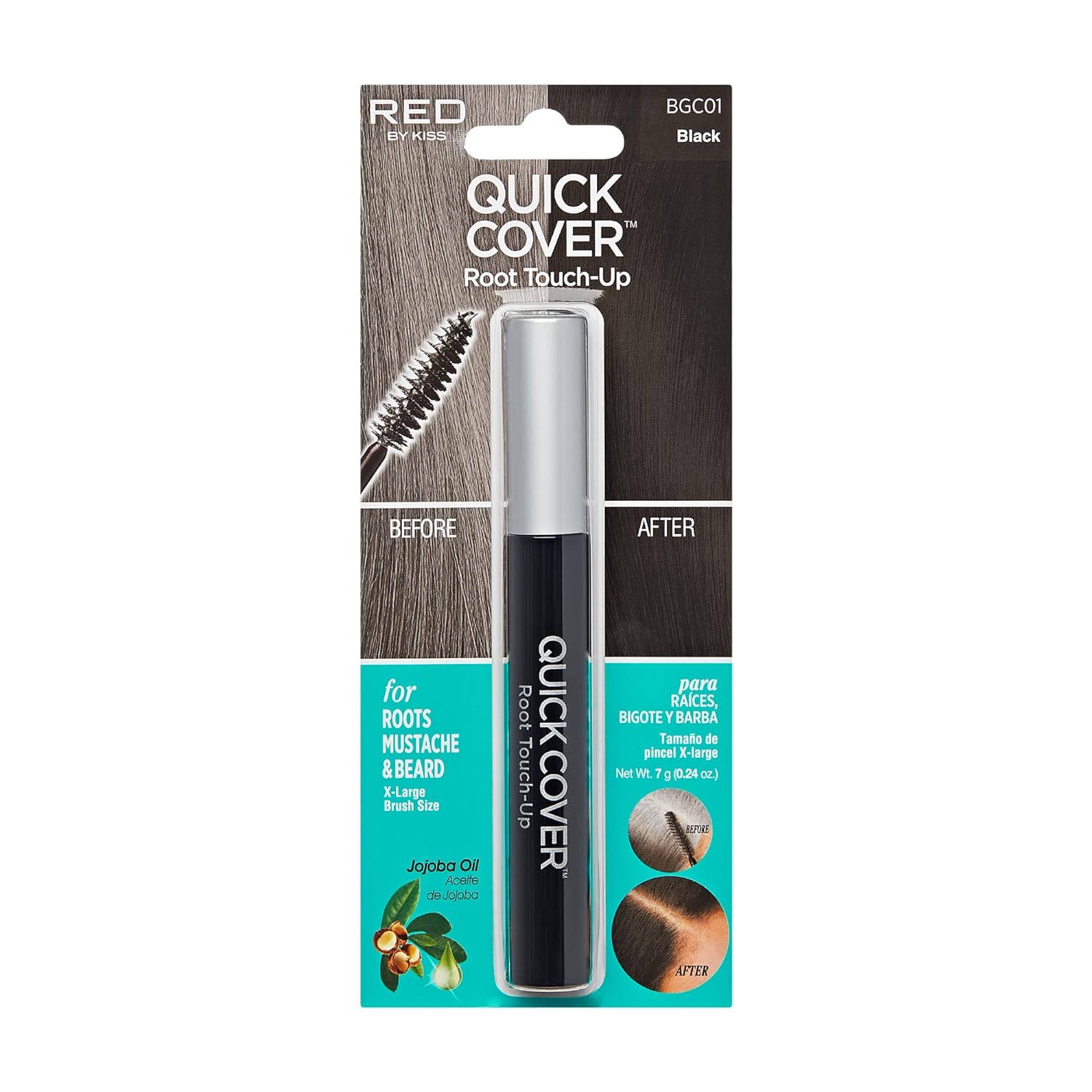 RED by Kiss Quick Cover Root Touch Up Mascara Water-Resistant Temporary Gray Concealer Cover Up Brush for Hair and Beard
