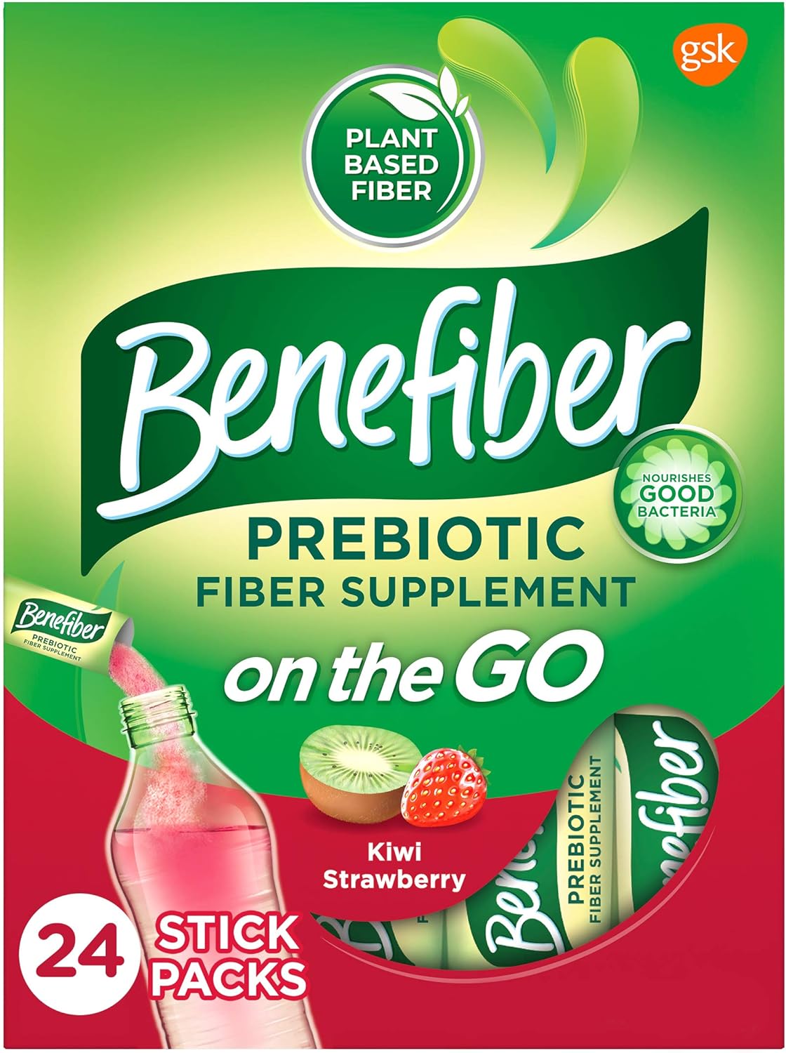 Benefiber On the Go Prebiotic Fiber Supplement Powder for Digestive Health, Daily Fiber Powder, Kiwi Strawberry avor Powder Stick Packs - 24 Sticks (5.28 s)