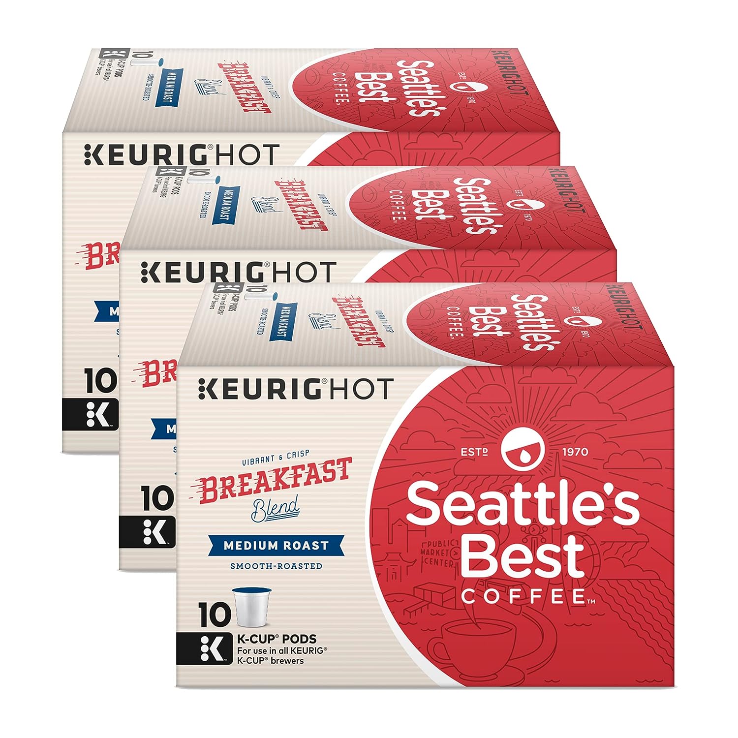 Seattle’s Best Coffee K-Cup Pods, Breakfast Blend, Medium Roast Coffee, Smooth-Roasted K-Cups for Keurig K-Cup Brewers, 10 CT K-Cups/Box (Pack of 3 Boxes)