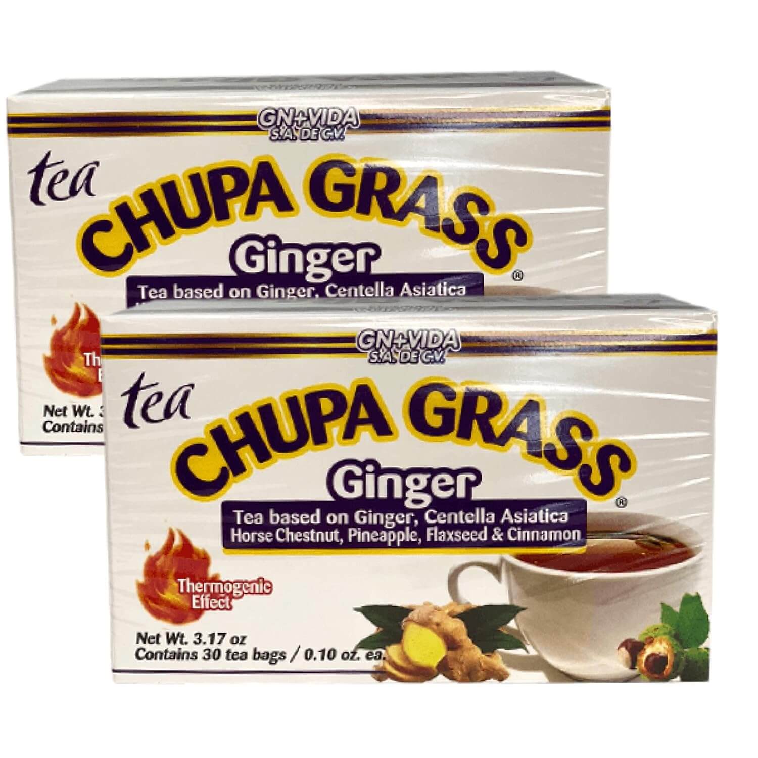2 Boxes Improved Formula Tea Chupa Grass - Tea Based Ginger, Gotu Kola & Cinammon & Te Panza Jengibre (30 Tea Bags)