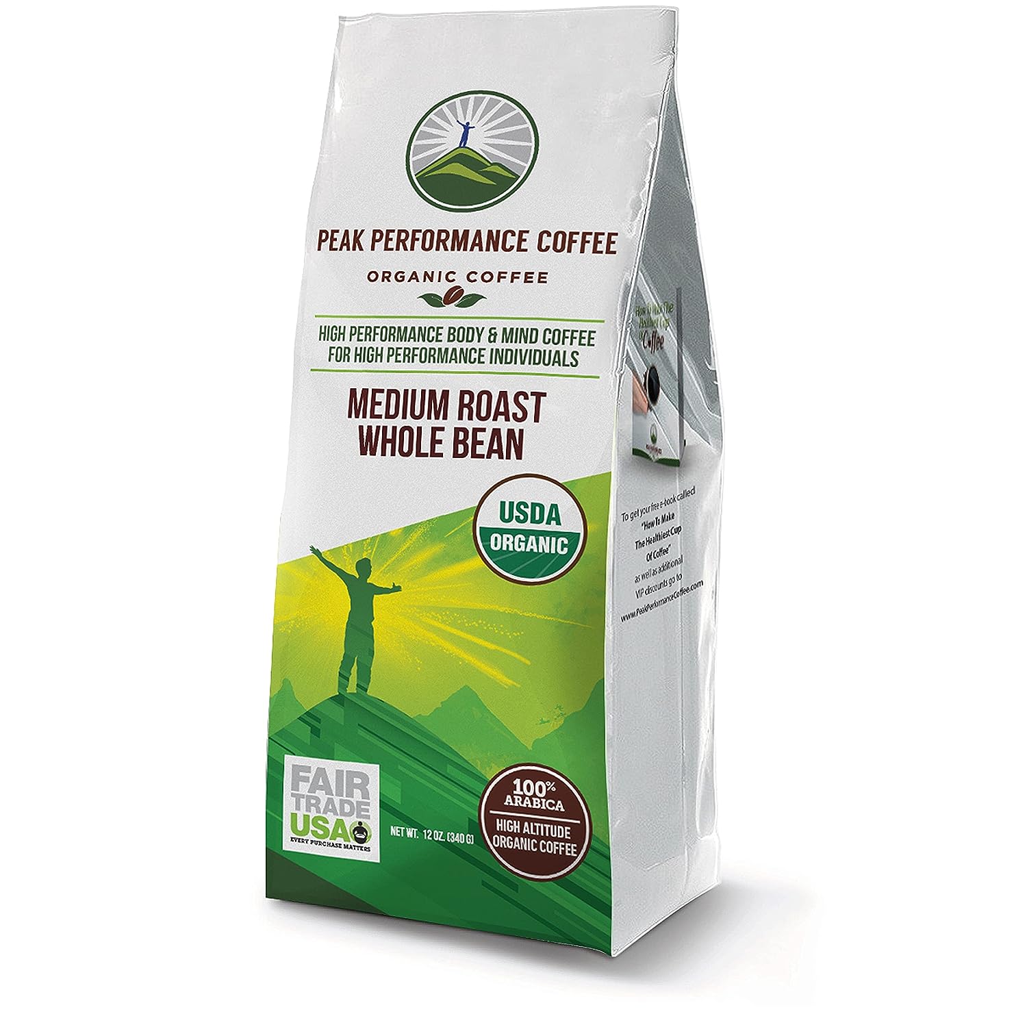 Peak Performance High Altitude Organic Coffee. Fair Trade, Low Acid, Non GMO, and Beans Full Of Antioxidants! Medium Roast Smooth Tasting USDA Certified Organic Whole Bean Coffee Bag