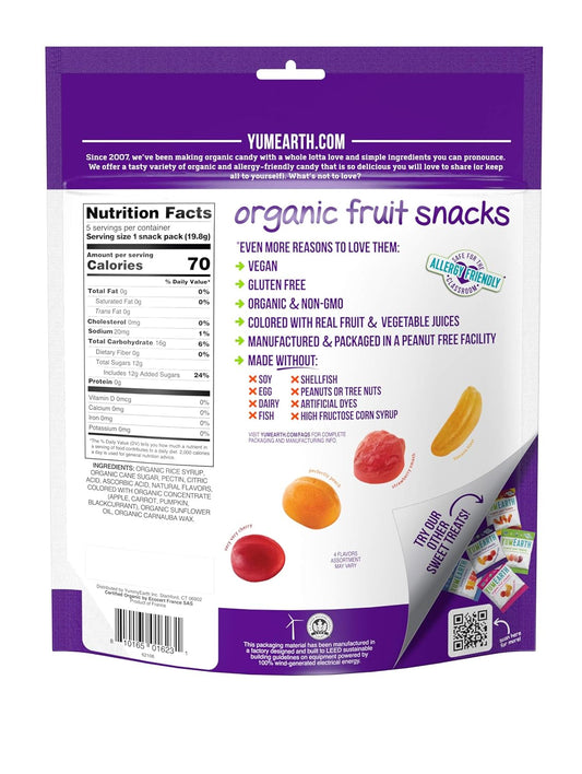 YumEarth Organic Fruit Snacks, 5-0.7oz. Fruit Flavored Snack Packs, Allergy Friendly, Gluten Free, Non-GMO, Vegan, No Ar