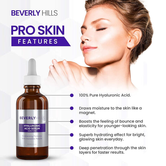 Beverly Hills 100% Pure Hyaluronic Acid Serum for Face for Hydrating Skin and Targeting Wrinkles | Anti Aging Hyaluronic Acid Moisturizer for Intense Hydration | 60, 150 Day Supply