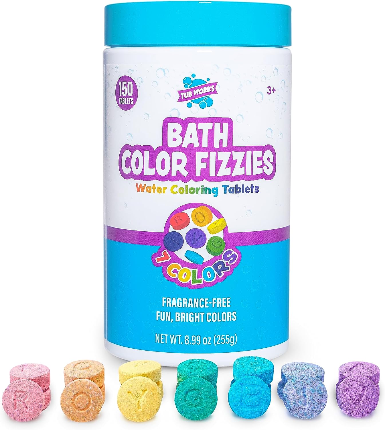 Tub Works™ Bath Color Fizzies, 150 Count | Nontoxic & Fragrance-Free | Fizzy, Bath Color Tablets for Kids | Create Fun Bath Colors | Water Tablets in 7 Colors for Variety | Bath Bombs for Kids Bath