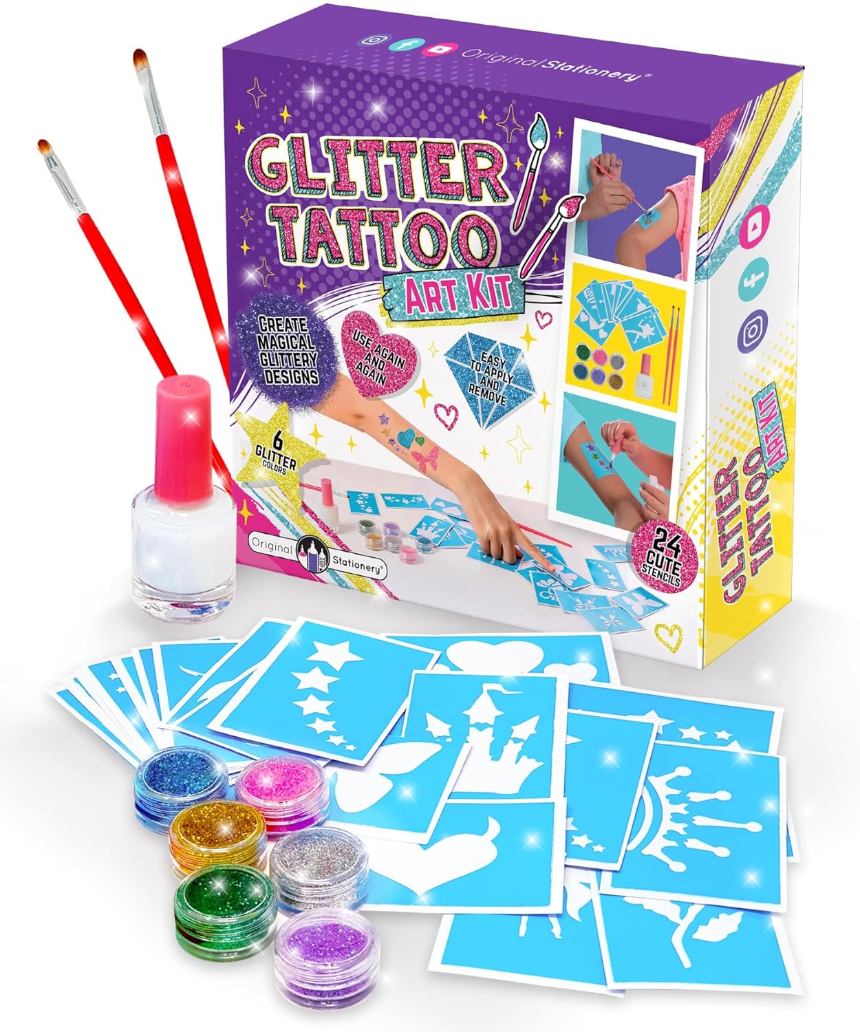 Original Stationery Glitter Tattoo Studio, Sparkly And Colorful Temporary Tattoos For Kids, Fabulous Toys for Girls and Great Birthday Gift Idea