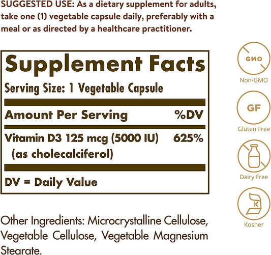 Solgar Vitamin D3 (Cholecalciferol) 125 Mcg (5000 Iu), 240 Vegetable C