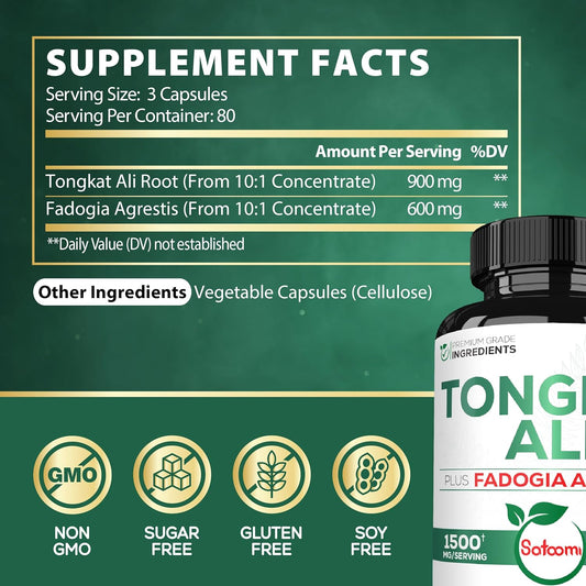 900mg Tongkat Ali with 600mg Fadogia Agrestis - Super Formula for Pre-Workout, Strength, Energy Production & Immune Syst