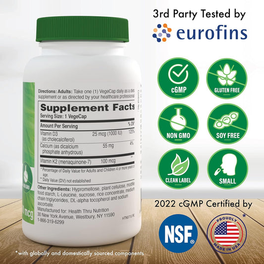 Health Thru Nutrition K2 + D3 Complex | K2 100Mcg As Menaquinone 7 Mk7 & D3 1,000Iu | Strong And Healthy Bone Support |