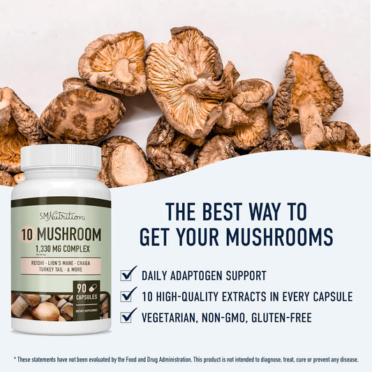 10 Mushroom Complex Supplement | 1300+ MG Blend | Immune & Adaptogen S