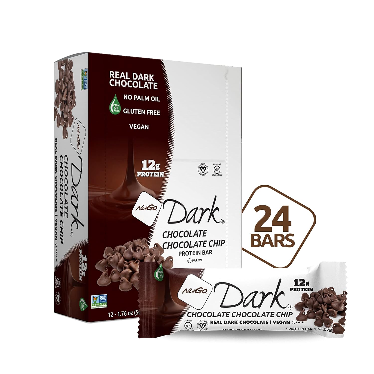 NuGo Dark Chocolate Chocolate Chip, 12g Vegan Protein, 200 Calorie, Gluten Free, 24 Count
