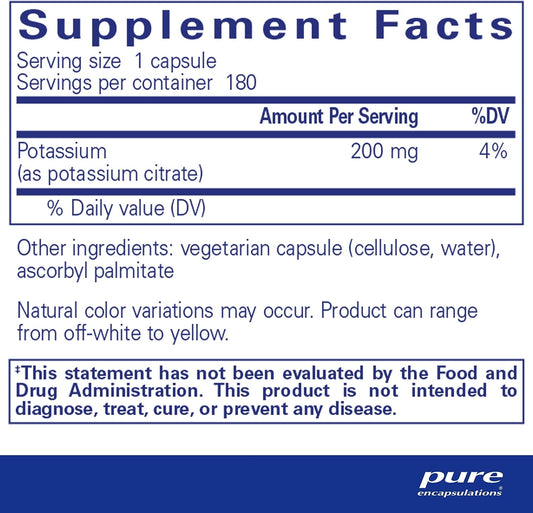 Pure Encapsulations Potassium (Citrate) - Essential Electrolyte Supplement to Support Nerve & Muscle Function, Adrenals, Hormones, Heart Health & Energy* - Potassium Citrate Capsule - 180 Capsules