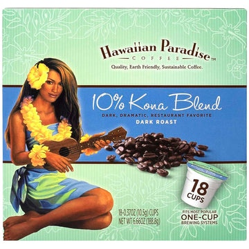 Hawaiian Paradise Coffee 10% Kona Blend Single Serve Cups 18 Count Dark Roast - Made From The Finest Beans Produced In Hawaii - Compatible with Keurig K-Cup Brewers