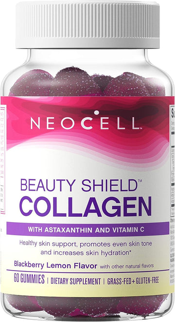 NeoCell Collagen Peptides, Vitamin C & Astaxanthin Gummies, Gluten Free, Reduces Signs of Aging, Beauty Shield, BlackBerry Lemon, 60 Gummies