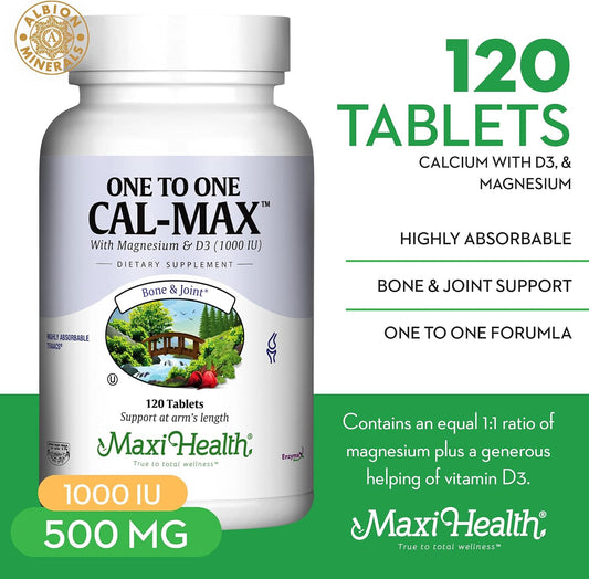 Maxi Health 500 mg Calcium Supplement with Vitamin D3 (1000 IU) and Magnesium (500 mg) - Bone, Teeth and Joint Support f