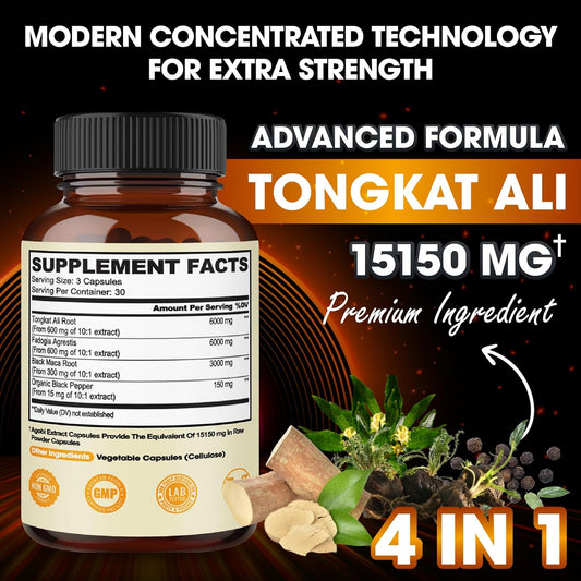 15150Mg Tongkat Ali and Fadogia Agrestis Supplement with Organic Black Pepper & Black Maca Root - Support for Energy Pro