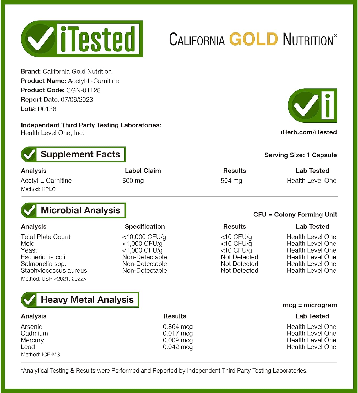 Acetyl-L-Carnitine, 500 mg, 60 Veggie Capsules, California Gold Nutrit