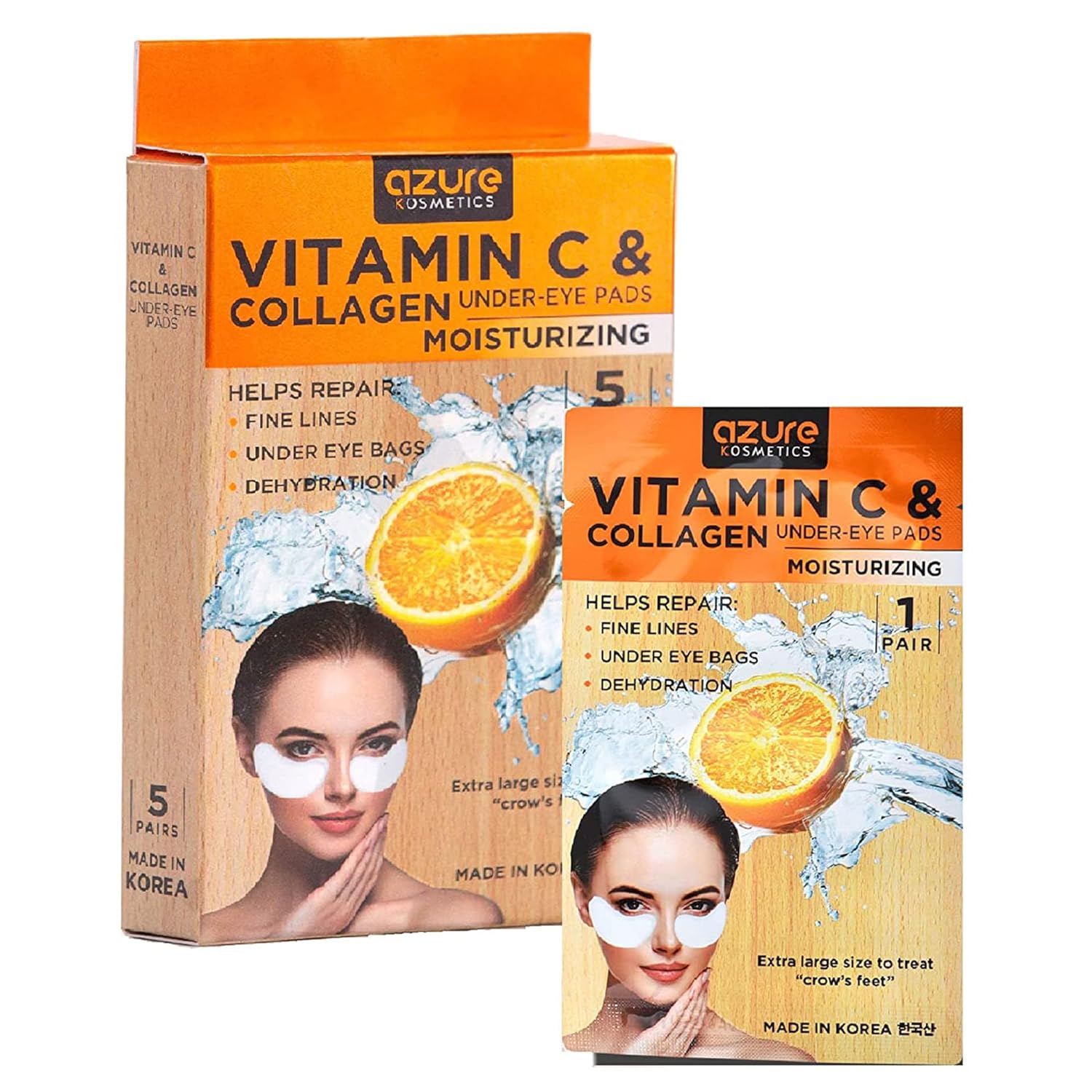 AZURE Collagen & Vitamin C Hydrating Under Eye Pads - Toning, Moisturizing & Rejuvenating Eye Mask Patches - Reduces Fine Lines, Wrinkles, Dark Circles & Puffiness - Skin Care Made in Korea - 5 Pairs