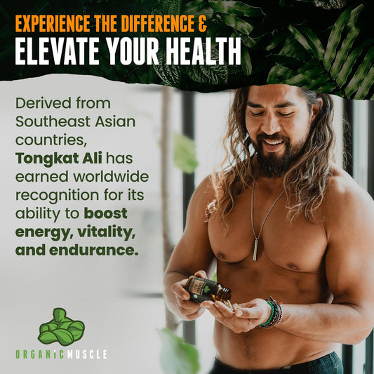 Organic Muscle Tongkat Ali for Men, 500mg - Pure & Potent USDA Organic Eurycoma Longifolia Root Supplement ? Wild Grown