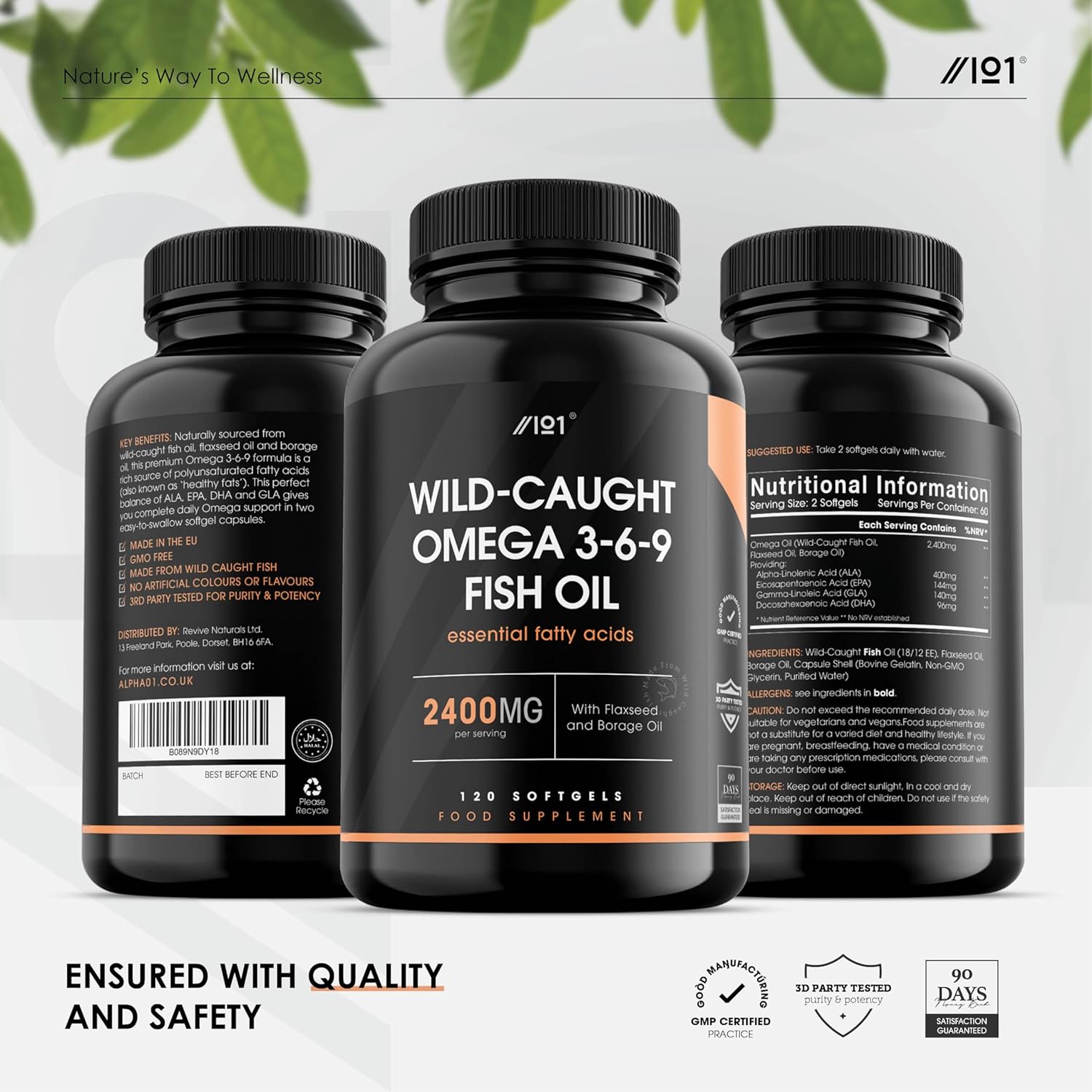 Omega 3-6-9 Fish Oil 2400mg - Wild-Caught - with Flax Oil & Borage Oil