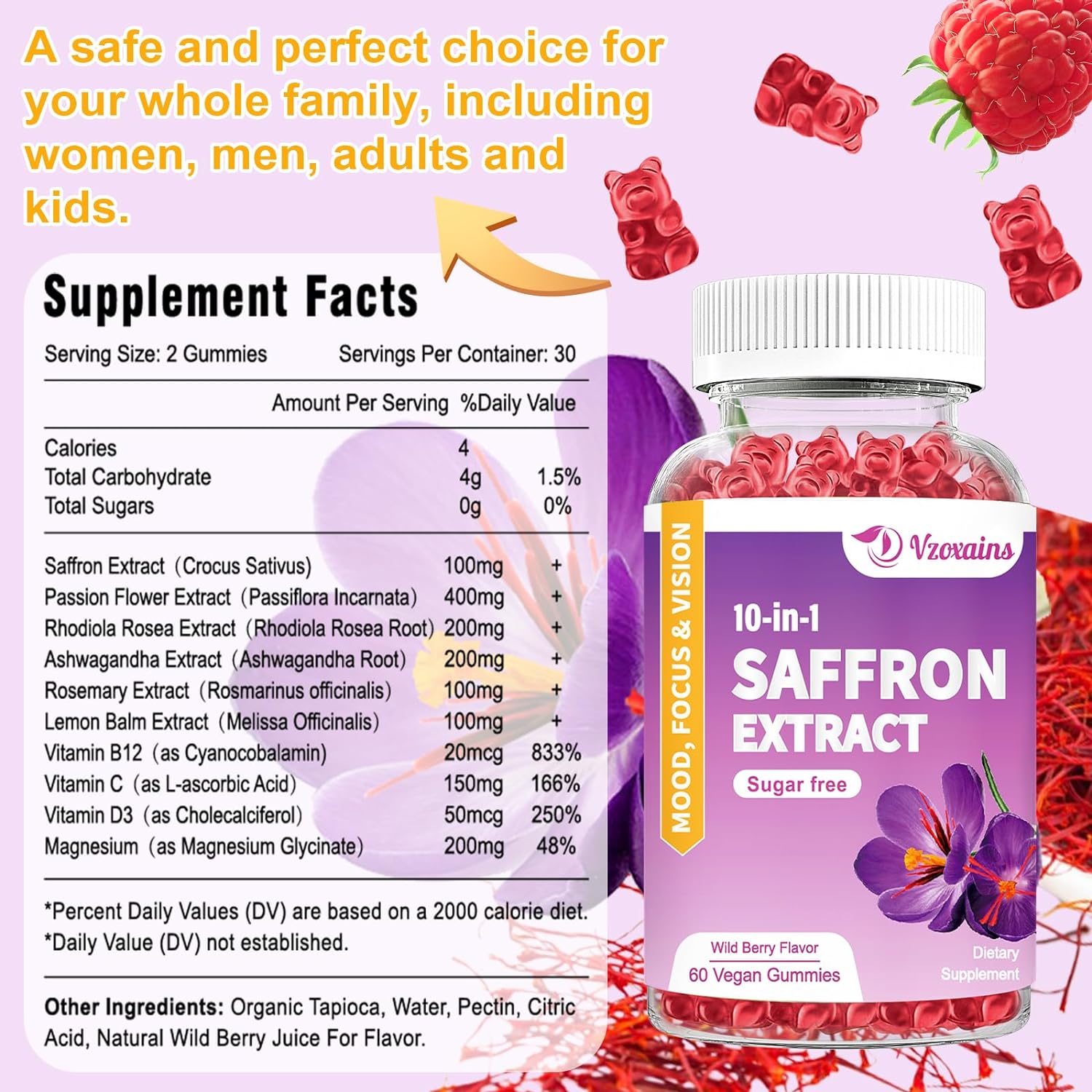  VZOXAINS Saffron Supplement Gummies, Sugar Free Saffron Sup