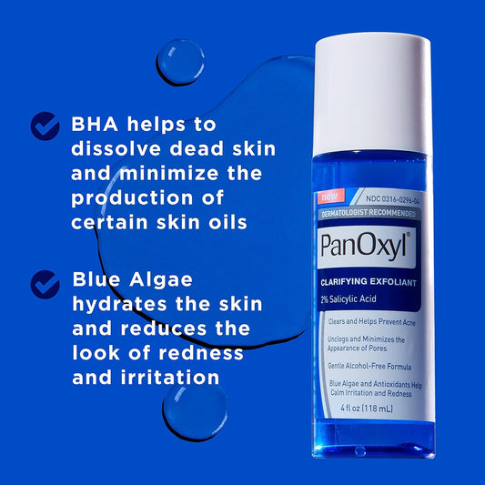 PanOxyl Clarifying Exfoliant with 2% Salicylic Acid, BHA Liquid Exfoliant for Face, Unclogs and Minimizes Appearance of Pores, Blue Algae & Antioxidants Help Calm Redness, For Acne Prone Skin, 4