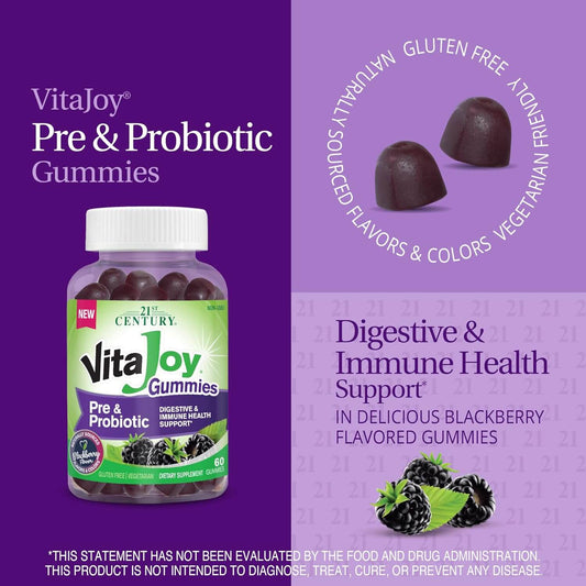 21st Century HealthCare VitaJoy Pre & Probiotic Gummies, BlackBerry, 60 Count, Purple