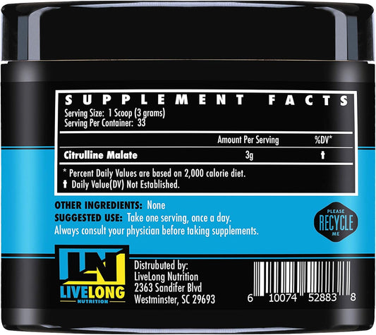 Citrulline Malate - Muscle Pump, Pre Workout Powder, Nitric Oxide Booster, Boost Muscle Vascularity Unflavored - 100g