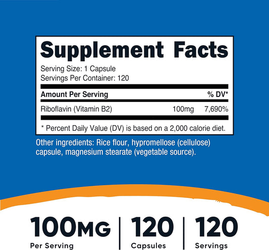 Nutricost Vitamin B2 (Riboflavin) 100mg, 120 Capsules - Gluten Free an