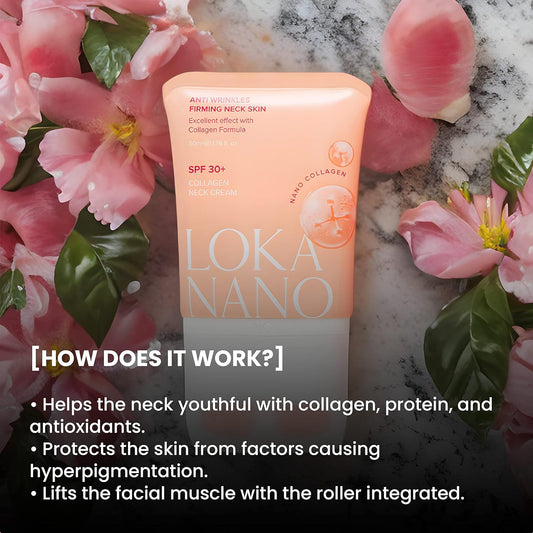 ABERA Loka Nano Neck Cream - Reducing Wrinkles and Fine Lines, Moisturizer For Neck Tightening And Skin Brightening, Collagen Anti-aging Cream, SPF 30+, Day And Night Cream For Women - 1.76