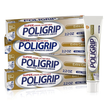 Super Poligrip Extra Care Denture Adhesive Cream, Zinc Free Denture Cream - 2.2 s (Pack of 4)