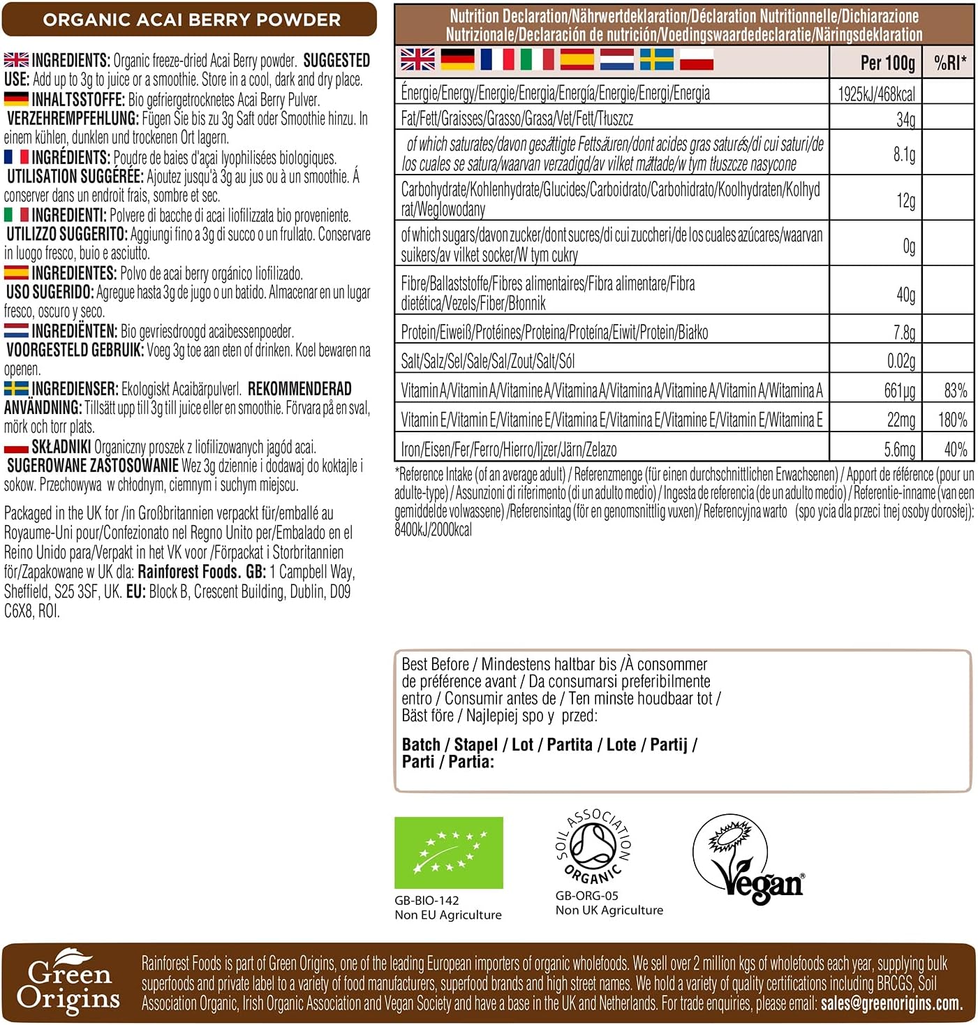 Rainforest Foods Organic Acai Berry Powder 400g

