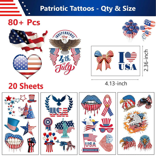 Masper 20 Sheets 4th of July Tattoos, 80 Patriotic Tattoos Temporary, USA Temporary Tattoos, American ag Red White and Blue Tattoos, USA Face Tattoos