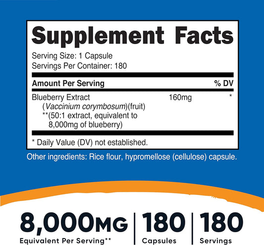 Nutricost Blueberry Extract 8000mg Strength, 180 Capsules - Vegetarian, from 160mg 50:1 Extract, Gluten Free and Non-GMO